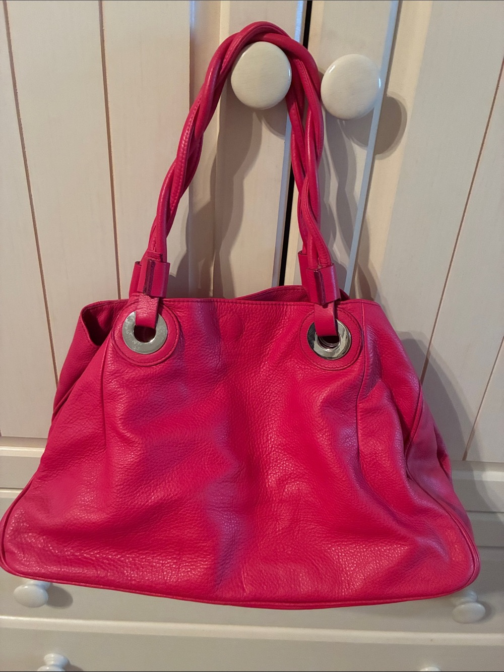 Vibrant Pink Leather Shoulder Bag with Braided Handles